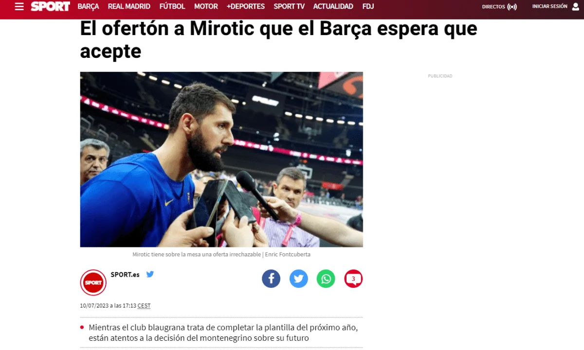 Η ισπανική Sport στέλνει τον Νίκολα Μίροτιτς στον Παναθηναϊκό. «Δεν μπορεί αν αρνηθεί την πρόταση», λένε στην Ισπανία.