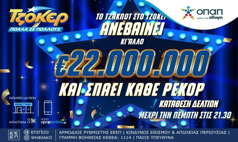 Σπάει κάθε ρεκόρ το ΤΖΟΚΕΡ: Κληρώνει 22 εκατ. ευρώ απόψε στις 22:00