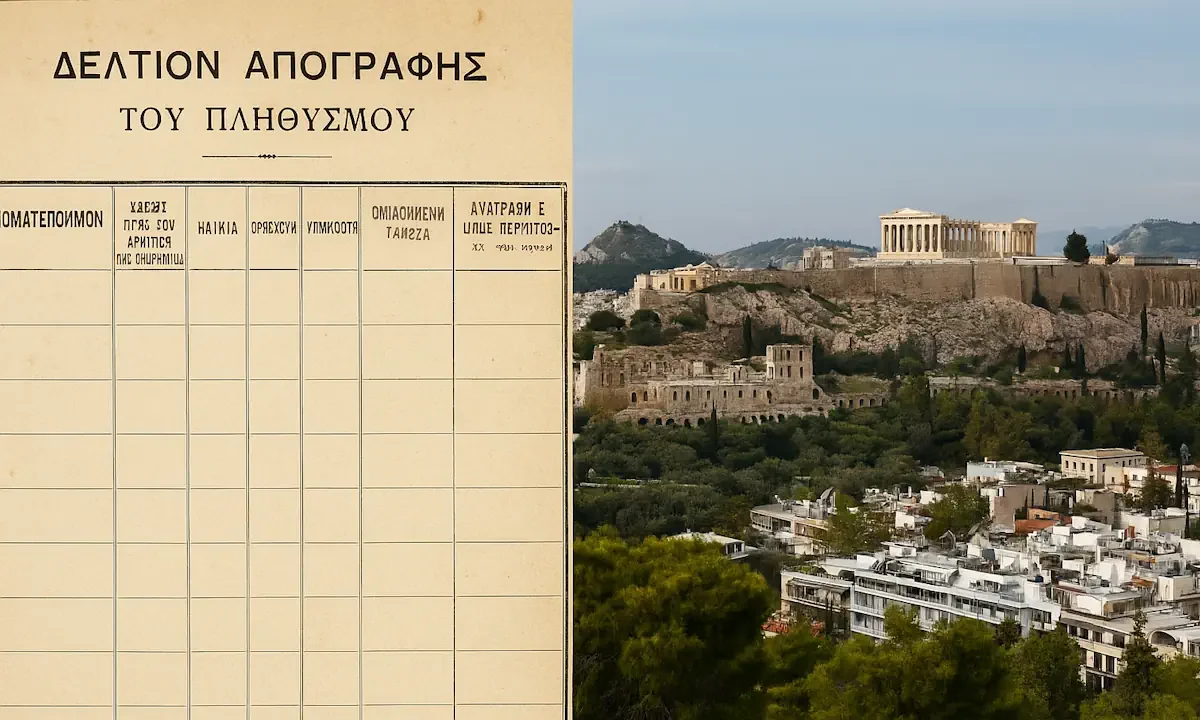 δελτίο απογραφής και σύγχρονη Αθήνα, συμβολισμός εξέλιξης πληθυσμού Ελλάδας