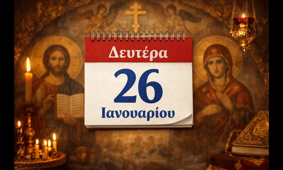 κανε μου μια φωτογραφια με διαστασεις: ΑΥΣΤΗΡΑ , 1200 χ 720 χριστιανικο background και στη μέση ένα καλεντάρι που να αναγράφει Δευτέρα 26 Ιανουαρίου , με ελληνικους χαρακτηρες