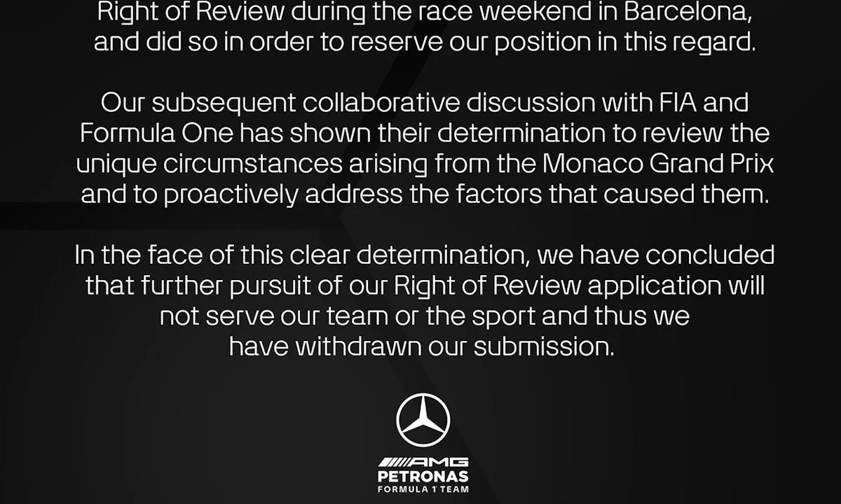 Η Mercedes ανακοίνωσε ότι απέσυρε το Right of Review για τις ποινές του George Russell στο GP Μονακό
