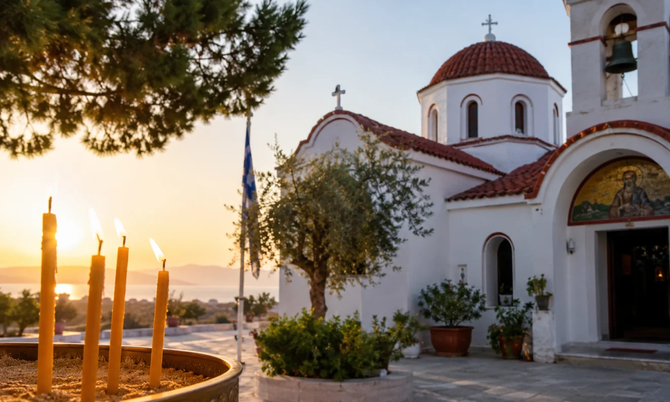 Ορθόδοξη εκκλησία με αναμμένα κεριά σε ήρεμο καλοκαιρινό τοπίο. Πηγή: Sportime.gr