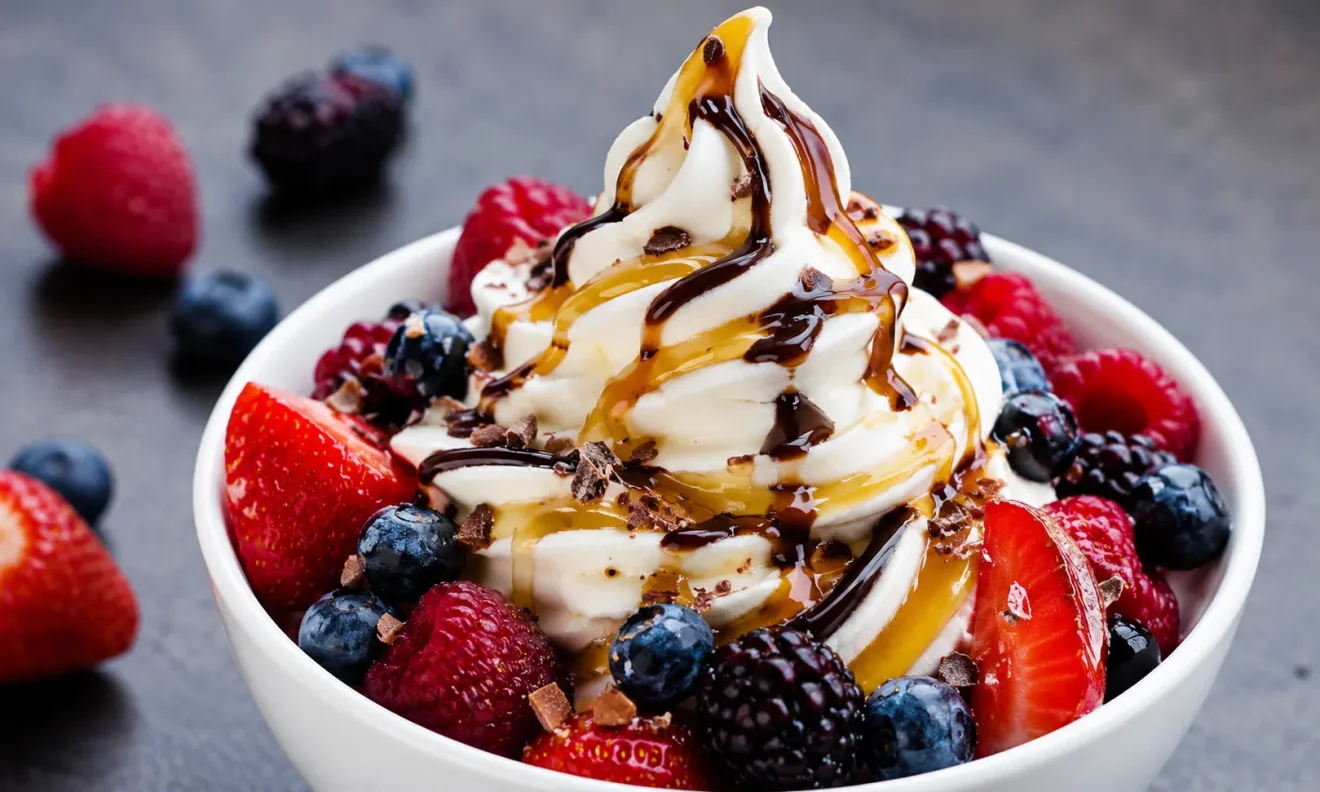 Περιγραφή εικόνας: Frozen yogurt σε μπολ, γαρνιρισμένο με φρούτα του δάσους (φράουλες, βατόμουρα, μύρτιλα και σμέουρα), μέλι και σιρόπι σοκολάτας. Πηγή: SPORTIME.GR