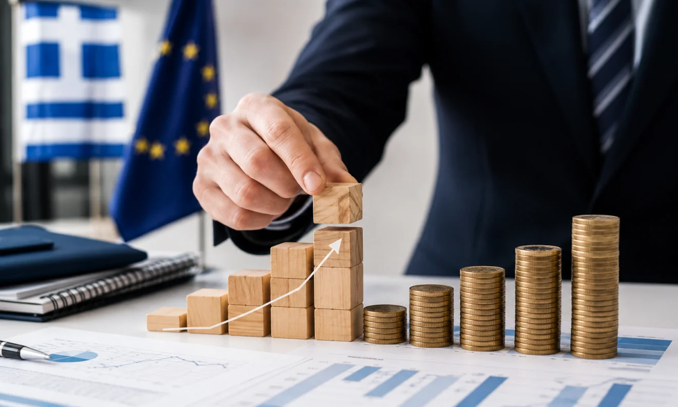 Στέλεχος εξετάζει οικονομικά στοιχεία που αποτυπώνουν την πορεία του πρωτογενούς πλεονάσματος, με τις σημαίες Ελλάδας και Ευρωπαϊκής Ένωσης στο φόντο. Πηγή: sportime.gr.