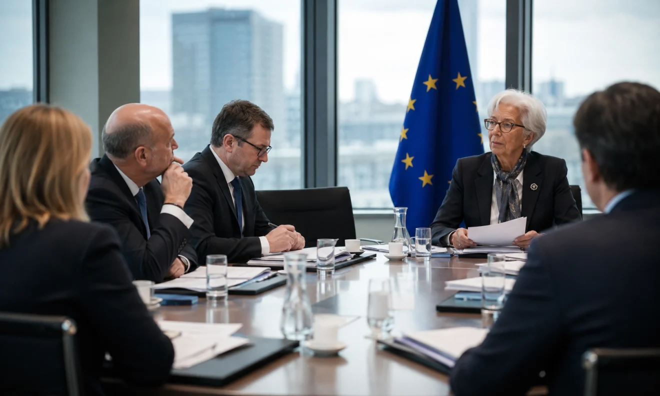 Στιγμιότυπο από επίσημη συνεδρίαση στελεχών ευρωπαϊκού θεσμού, με την ευρωπαϊκή σημαία στο φόντο και την πορεία των επιτοκίων στο επίκεντρο. Πηγή: sportime.gr.