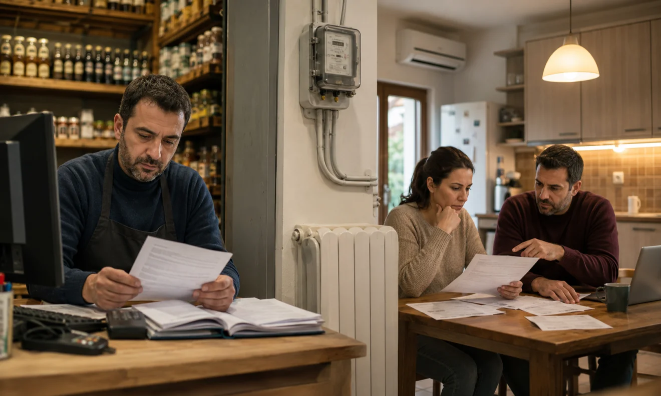 Ιδιοκτήτης μικρής επιχείρησης και ένα νοικοκυριό εξετάζουν λογαριασμούς και οικονομικές υποχρεώσεις, καθώς το αυξημένο ενεργειακό κόστος πιέζει την καθημερινότητά τους. Πηγή: sportime.gr.