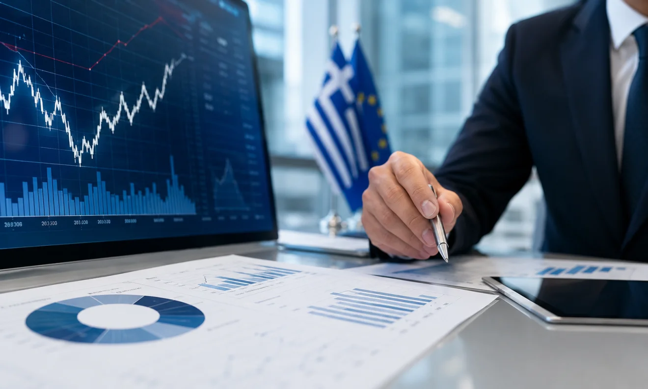 Στέλεχος αναλύει χρηματοοικονομικά δεδομένα και δείκτες κινδύνου, με τις σημαίες της Ελλάδας και της Ευρωπαϊκής Ένωσης στο φόντο. Πηγή: sportime.gr.
