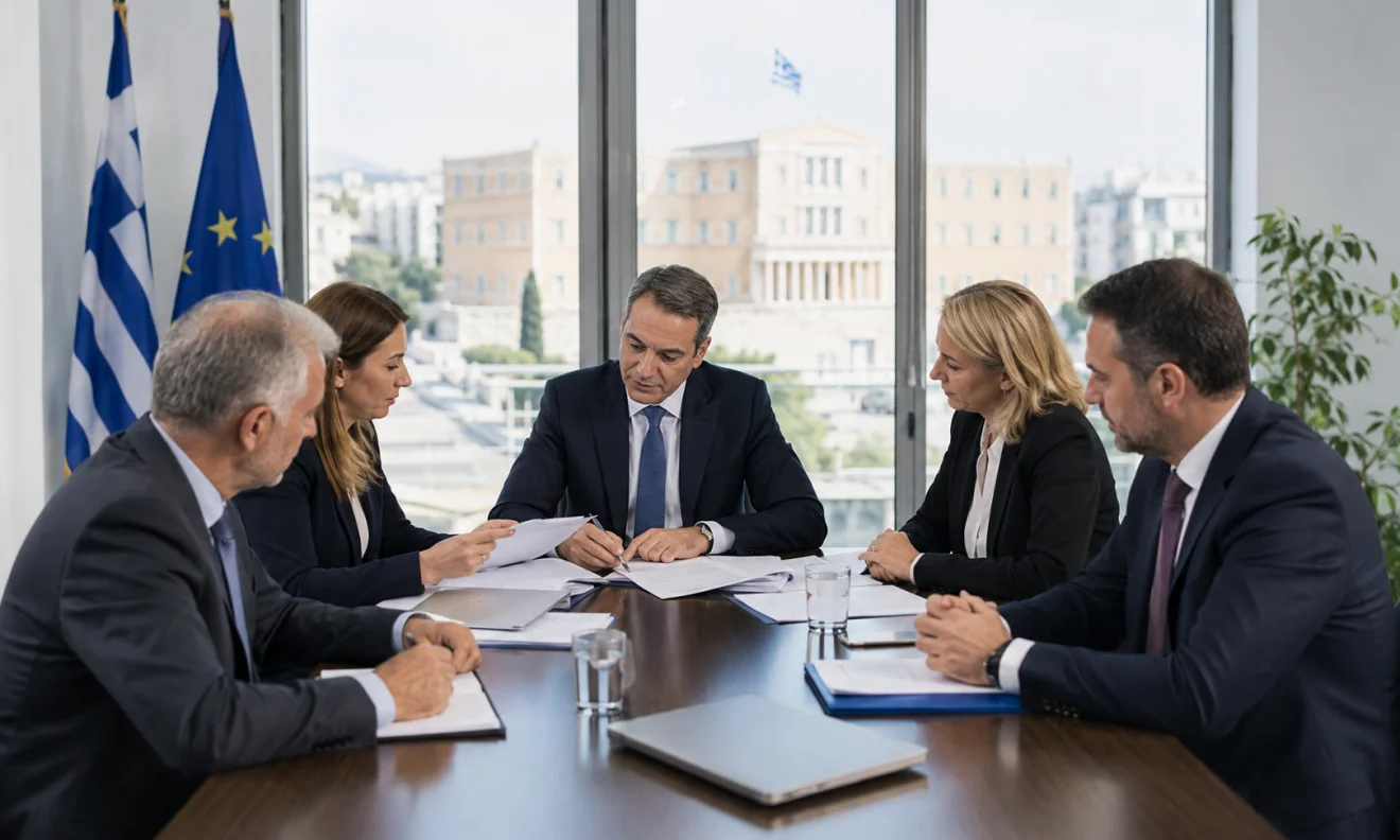 Στιγμιότυπο από επίσημη σύσκεψη στελεχών για την πορεία του Ταμείου Ανάκαμψης, με φόντο το ελληνικό Κοινοβούλιο και τις σημαίες Ελλάδας και Ευρωπαϊκής Ένωσης. Πηγή: sportime.gr.