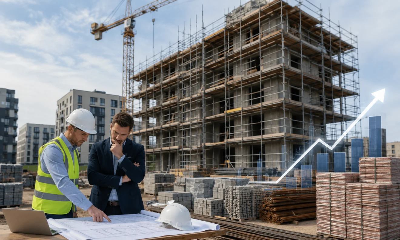 Εργοτάξιο νέας οικοδομής με μηχανικό και επενδυτή να εξετάζουν τα σχέδια, ενώ το αυξημένο κόστος των υλικών πιέζει τις επενδύσεις. Πηγή: sportime.gr
