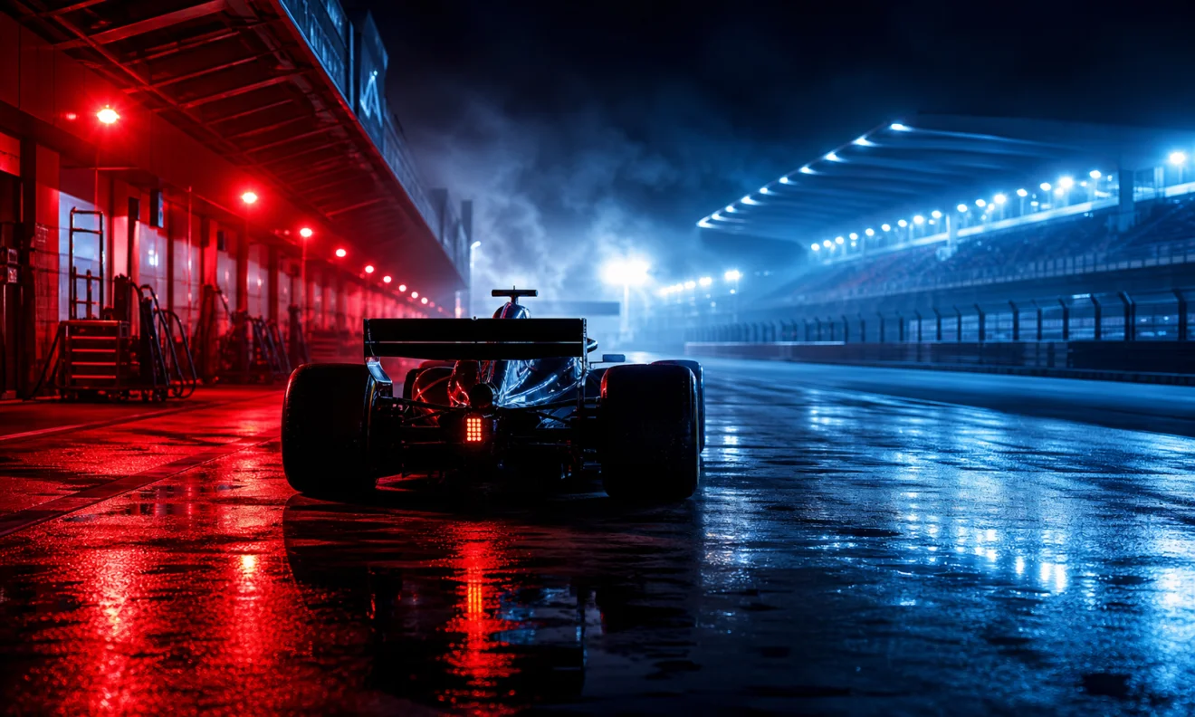 Νυχτερινή πίστα Formula 1 με φωτισμένα πιτ και μακρινή αγωνιστική σιλουέτα χωρίς οδηγό. Πηγή: Sportime.gr