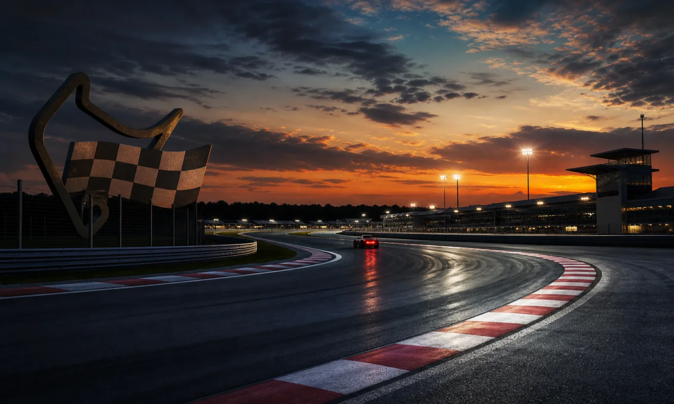 Πίστα αγώνων Formula 1 στο σούρουπο με καμπές, φωτισμένα πιτ και μακρινή αγωνιστική σιλουέτα χωρίς οδηγό. Πηγή: Sportime.gr