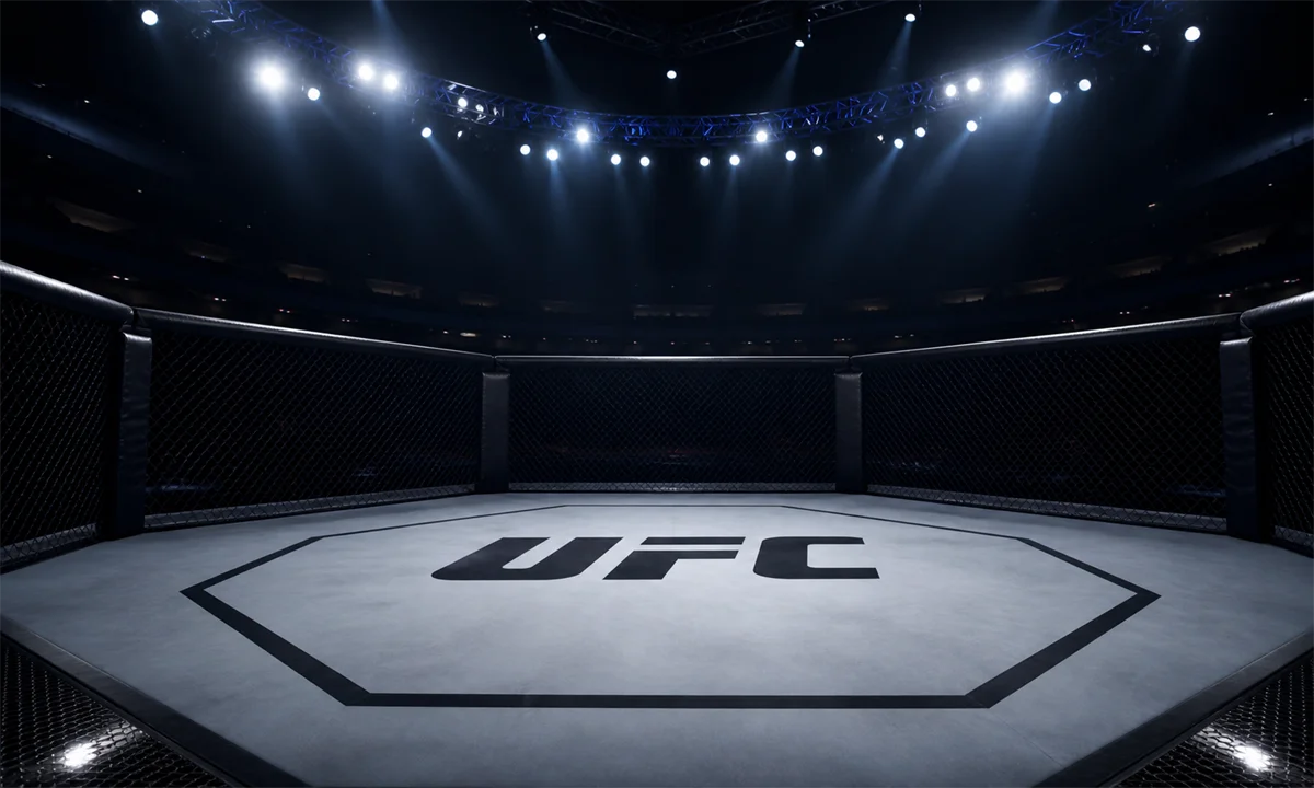 Άδειο οκτάγωνο MMA κάτω από τα φώτα της αρένας με το έμβλημα του UFC — Πηγή: Sportime.gr