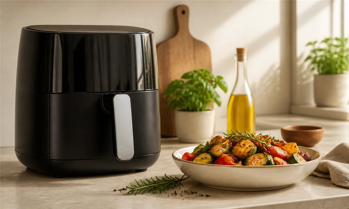 Ανώνυμη συσκευή air fryer δίπλα σε μπολ με ψητά λαχανικά και μυρωδικά, σε καθαρό πάγκο κουζίνας. Πηγή: Sportime.gr
