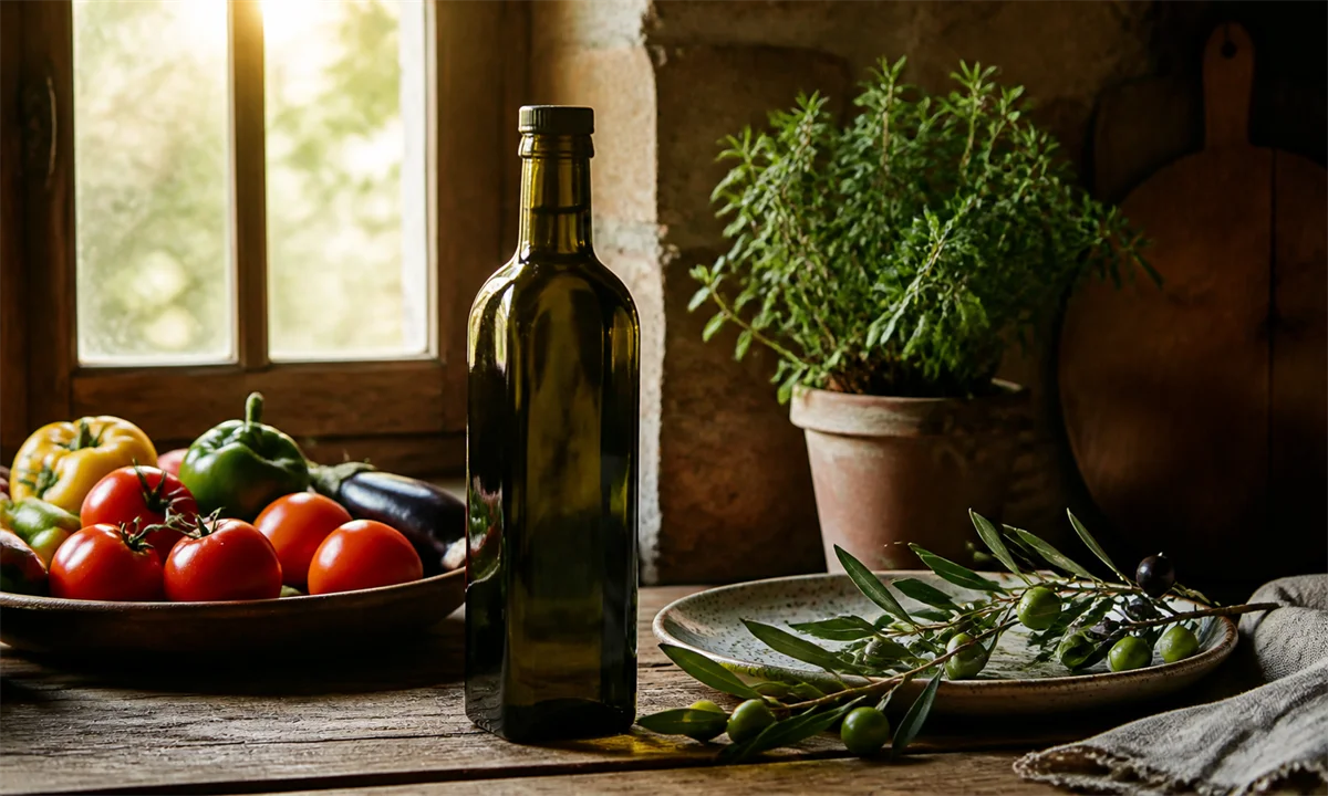 Σκούρο γυάλινο μπουκάλι ελαιολάδου χωρίς ετικέτα με ελιές, ντομάτες και λαχανικά αναδεικνύει τη μεσογειακή μαγειρική — Πηγή: Sportime.gr