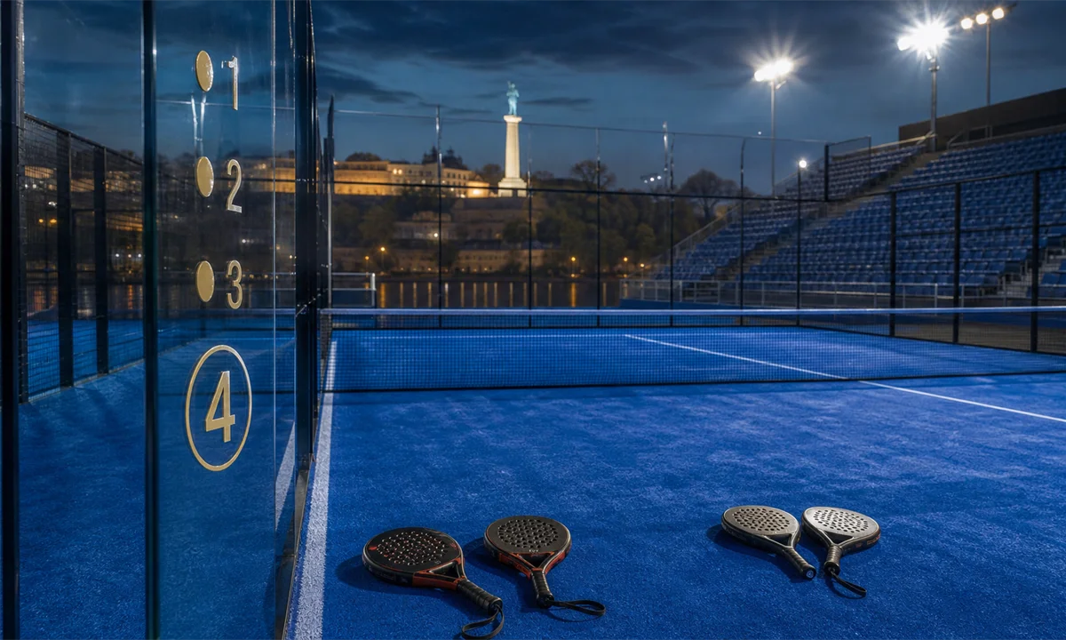 Φωτισμένο γαλάζιο γήπεδο padel στο Βελιγράδι με δύο ρακέτες και δίχτυ, σε ατμόσφαιρα κρίσιμης αναμέτρησης· Πηγή: Sportime.gr