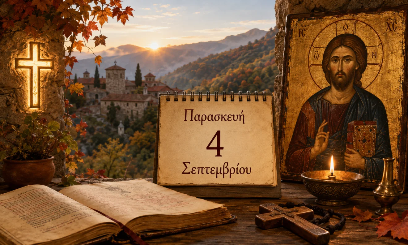 Εκκλησιαστικό ημερολόγιο με σταυρό, κερί και ουράνιο φόντο για το εορτολόγιο της 4ης Σεπτεμβρίου, Πηγή: Sportime.gr