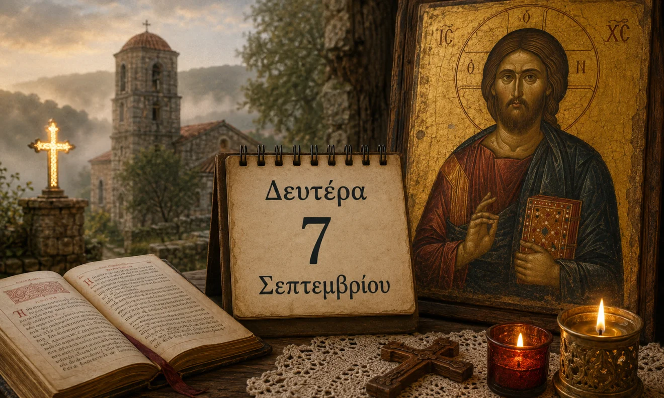 Εκκλησιαστικό ημερολόγιο με σταυρό, κερί και διαφορετικό ουράνιο φόντο για το εορτολόγιο της 7ης Σεπτεμβρίου, Πηγή: Sportime.gr