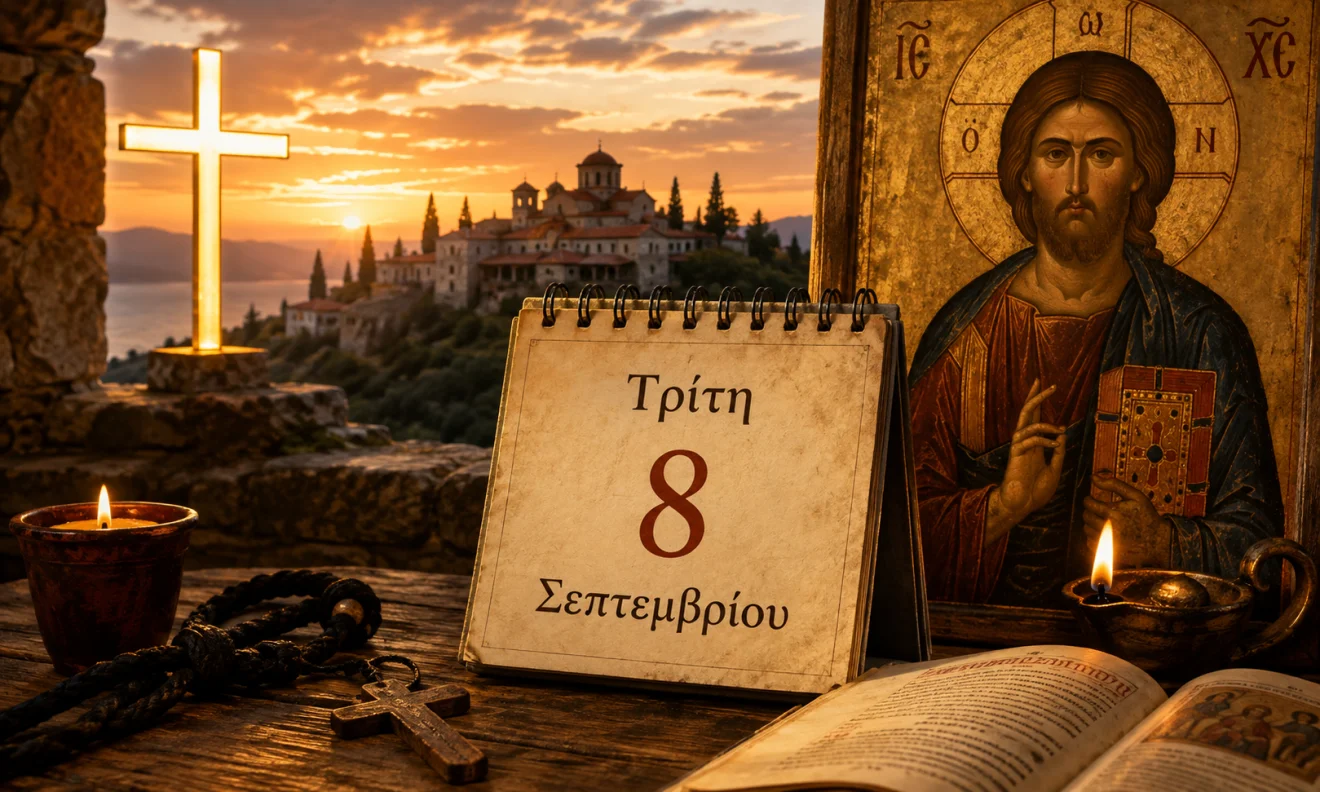 Εκκλησιαστικό ημερολόγιο με σταυρό, κερί και διαφορετικό ουράνιο φόντο για το εορτολόγιο της 8 Σεπτεμβρίου, Πηγή: Sportime.gr
