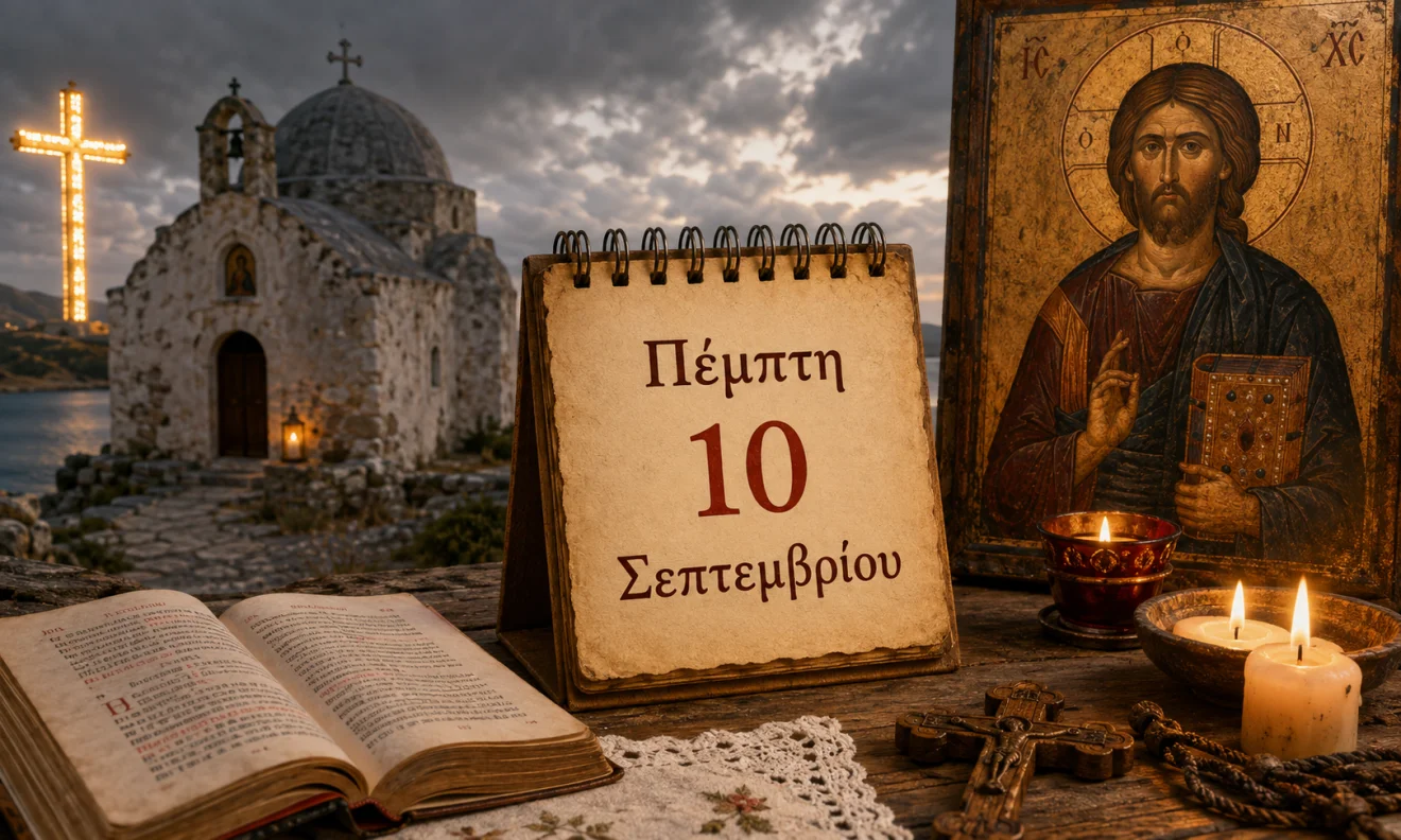 Εκκλησιαστικό ημερολόγιο με σταυρό, κερί και διαφορετικό ουράνιο φόντο για το εορτολόγιο της 10 Σεπτεμβρίου, Πηγή: Sportime.gr