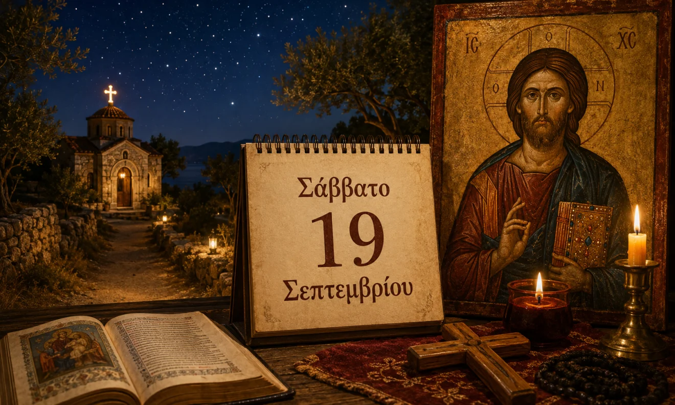 Εκκλησιαστικό ημερολόγιο με σταυρό, κερί και διαφορετικό ουράνιο φόντο για το εορτολόγιο της 19 Σεπτεμβρίου, Πηγή: Sportime.gr