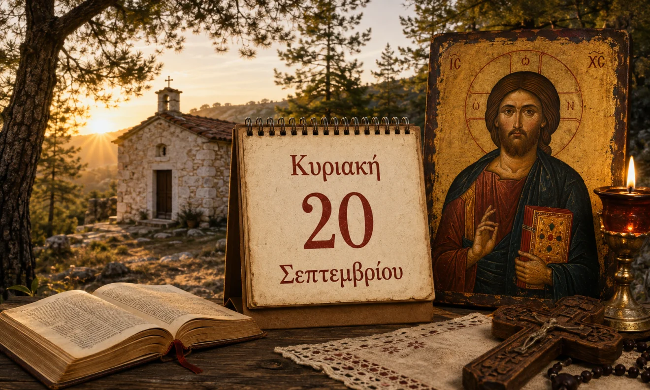Εκκλησιαστικό ημερολόγιο με σταυρό, κερί και διαφορετικό ουράνιο φόντο για το εορτολόγιο της 20 Σεπτεμβρίου, Πηγή: Sportime.gr