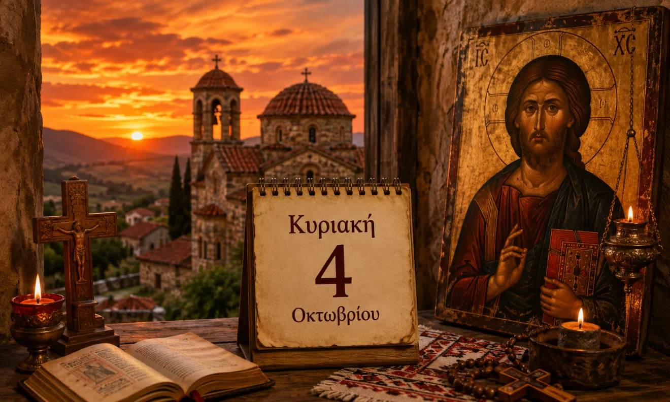 Εκκλησιαστικό ημερολόγιο με σταυρό, κερί και διαφορετικό ουράνιο φόντο για το εορτολόγιο της 4 Οκτωβρίου, Πηγή: Sportime.gr