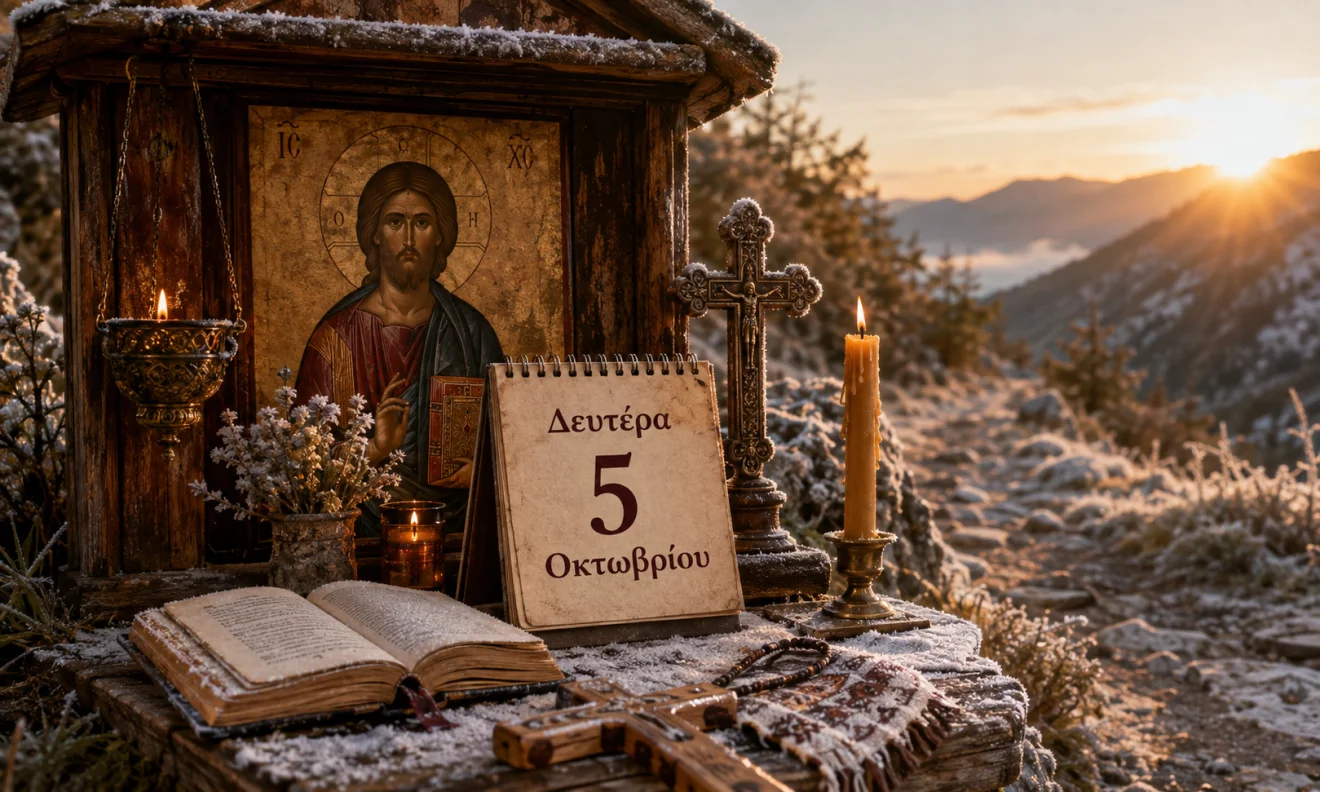Εκκλησιαστικό ημερολόγιο με σταυρό, κερί και διαφορετικό ουράνιο φόντο για το εορτολόγιο της 5 Οκτωβρίου, Πηγή: Sportime.gr