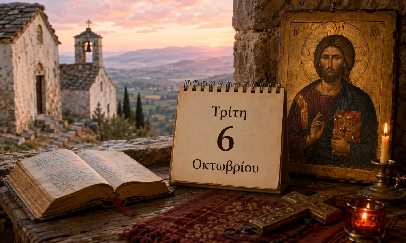 Εκκλησιαστικό ημερολόγιο με σταυρό, κερί και διαφορετικό ουράνιο φόντο για το εορτολόγιο της 6 Οκτωβρίου, Πηγή: Sportime.gr