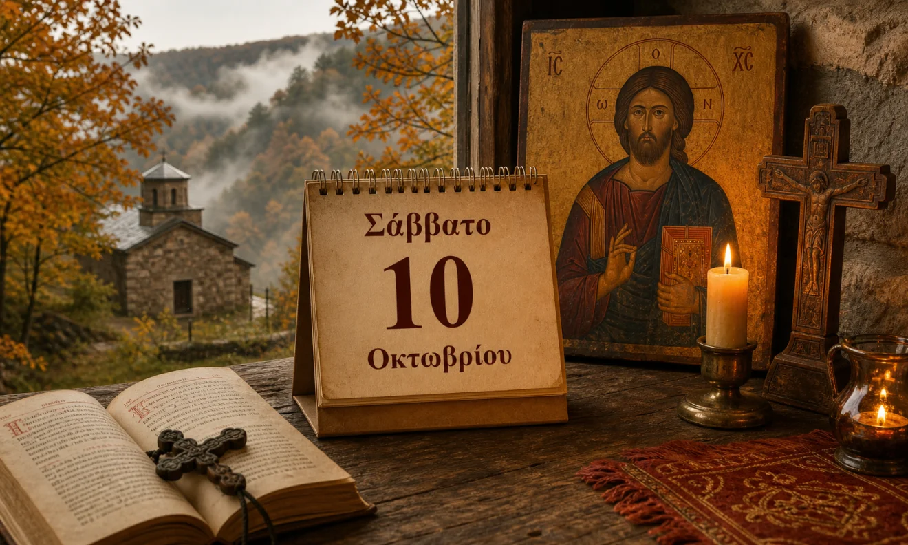 Εκκλησιαστικό ημερολόγιο με σταυρό, κερί και διαφορετικό ουράνιο φόντο για το εορτολόγιο της 10 Οκτωβρίου, Πηγή: Sportime.gr