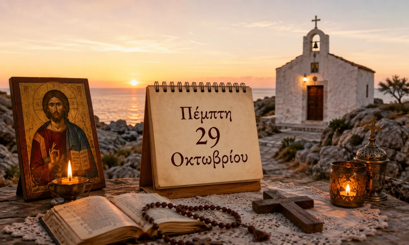Εκκλησιαστικό ημερολόγιο με σταυρό, κερί και διαφορετικό ουράνιο φόντο για το εορτολόγιο της 29 Οκτωβρίου, Πηγή: Sportime.gr
