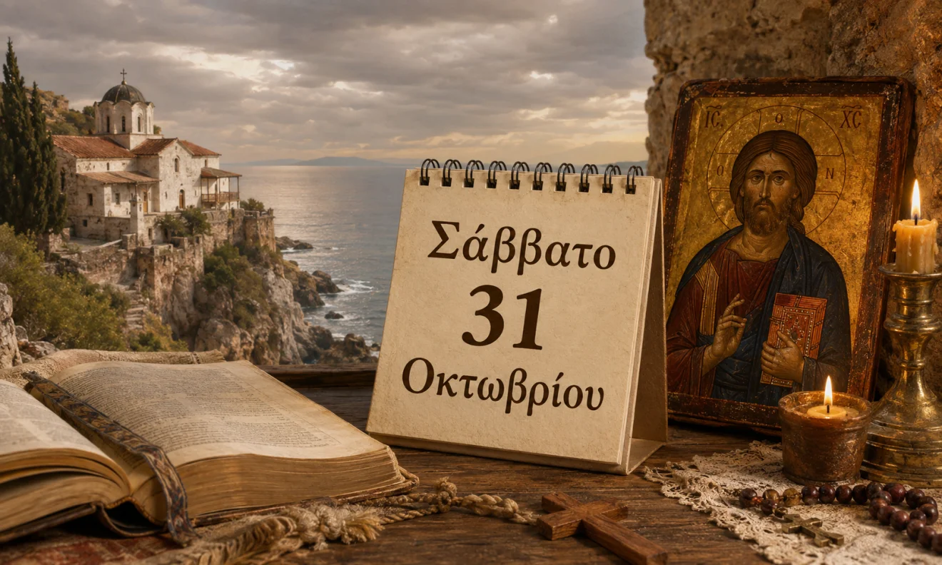 Εκκλησιαστικό ημερολόγιο με σταυρό, κερί και διαφορετικό ουράνιο φόντο για το εορτολόγιο της 31 Οκτωβρίου, Πηγή: Sportime.gr