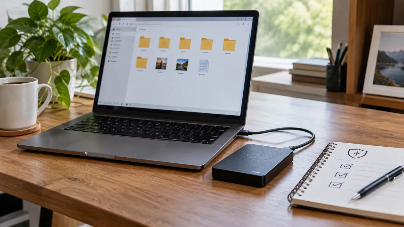 Laptop και εξωτερικός δίσκος για ασφαλές αντίγραφο αρχείων.