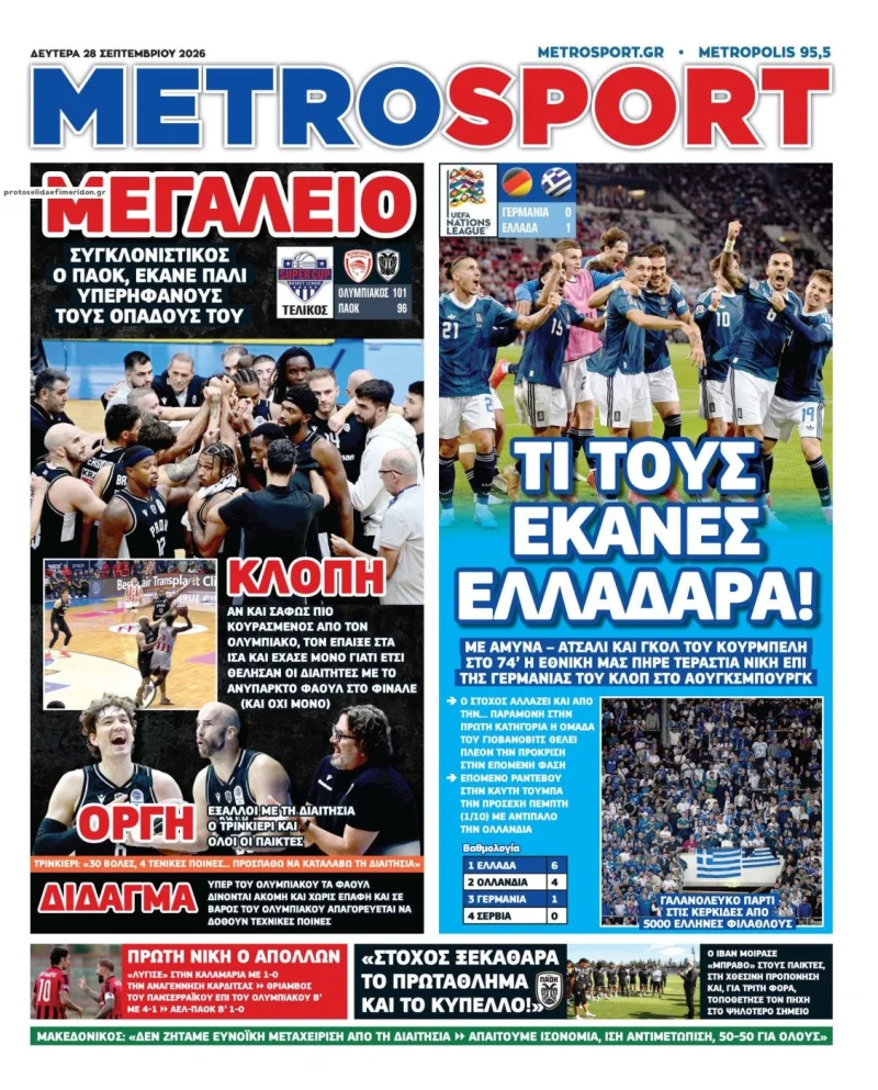 Αθλητικά πρωτοσέλιδα Δευτέρα 28 Σεπτεμβρίου 2026
