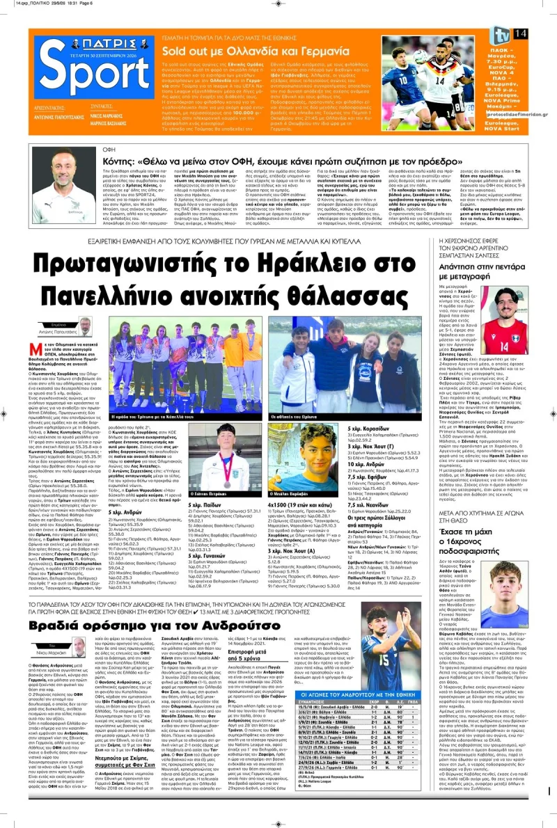 Πρωτοσέλιδα αθλητικών εφημερίδων Τετάρτη 30 Σεπτεμβρίου 2026