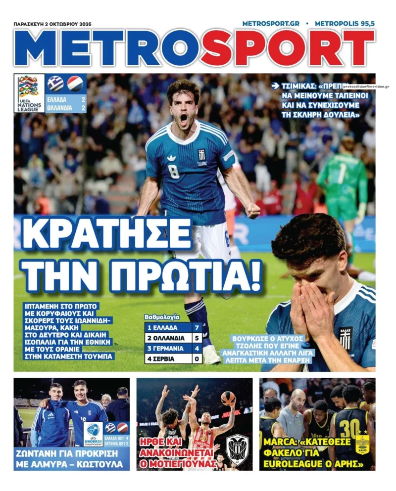 Αθλητικά πρωτοσέλιδα Παρασκευή 2 Οκτωβρίου 2026