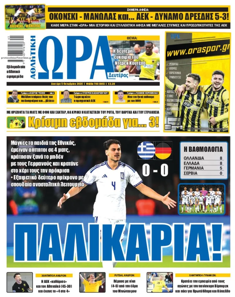 Πρωτοσέλιδα αθλητικών εφημερίδων Δευτέρα 5 Οκτωβρίου 2026