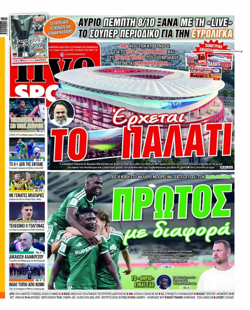 αθλητικά πρωτοσέλιδα Τετάρτη 7 Οκτωβρίου 2026