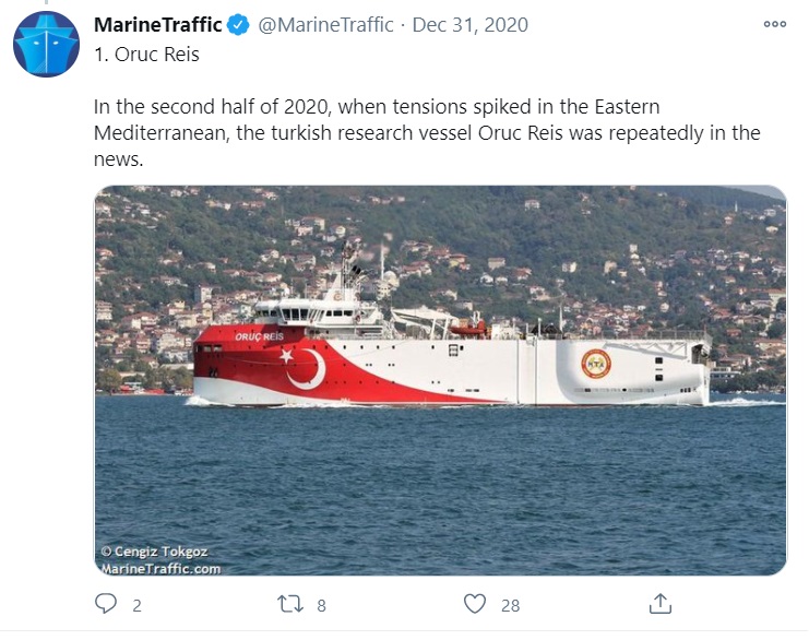 Oruç Reis: Το τουρκικό ερευνητικό έγινε το πιο περιζήτητο πλοίο στην εφαρμογή Marine Traffic το 2020. 